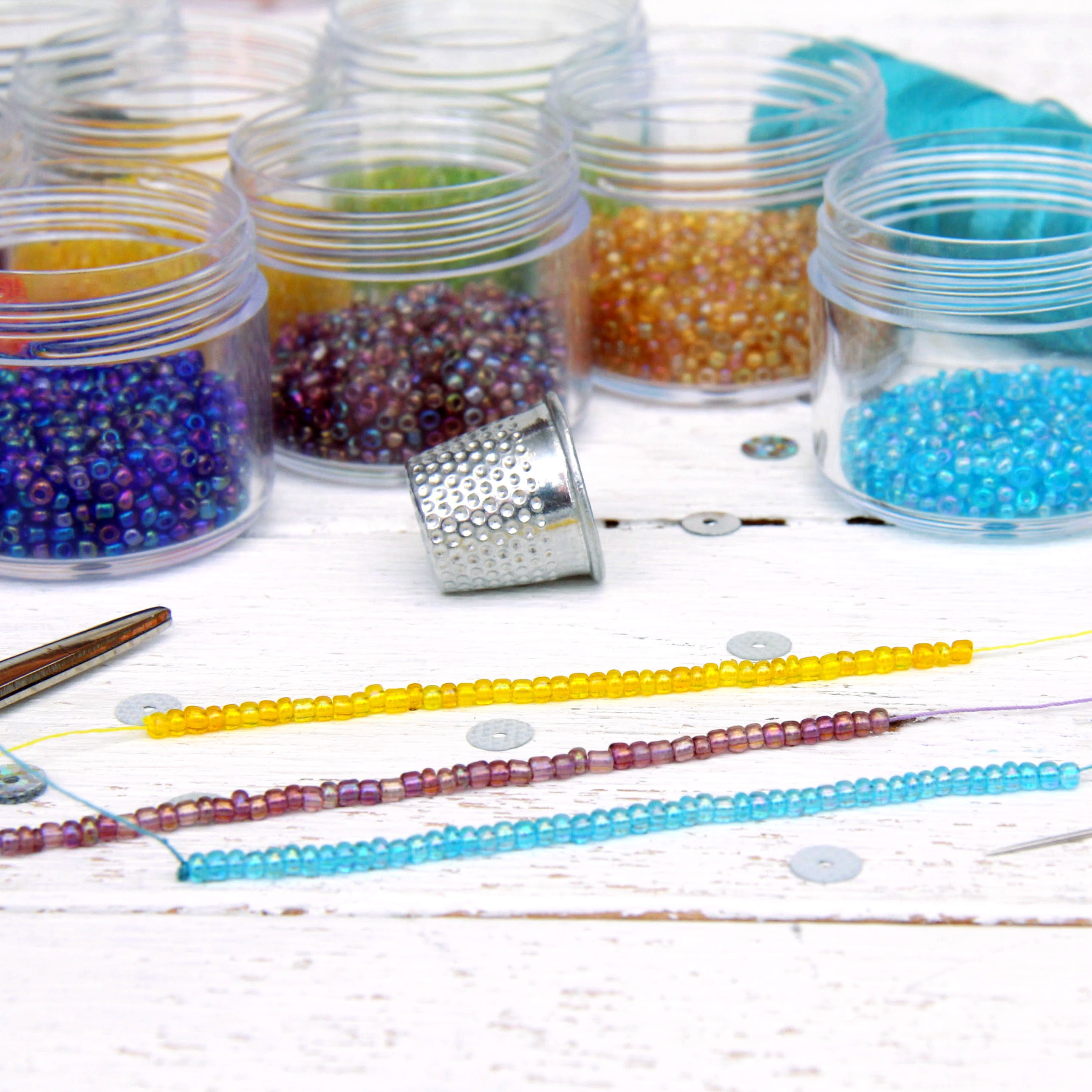 Colorful Assortment Glass Beads Needles Thread Stock Photo 112937758