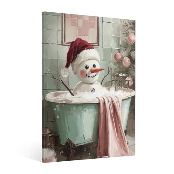 Vintage Christmas snowman in the bathtub Wall Art Paint - Retro Xmas Festive Winter Holiday Christmas Wall Decor Canvas for Living Room Kitchen Bathroom Home Bedroom Decor Framed