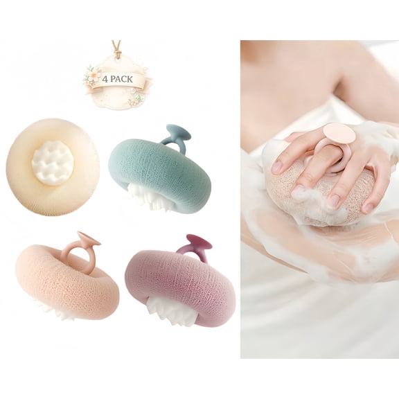 Shower Loofah Bath Sponge, 2-in-1 Exfoliating Body Scrubber with Suction Cup, 4 Pack Soft Mesh Bath Sponge for Women and Men