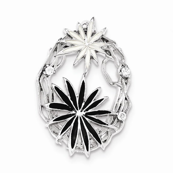 Solid 925 Sterling Silver Black And White Enamel CZ Cubic Zirconia Slide Brushed Matte Finish Pendant Charm