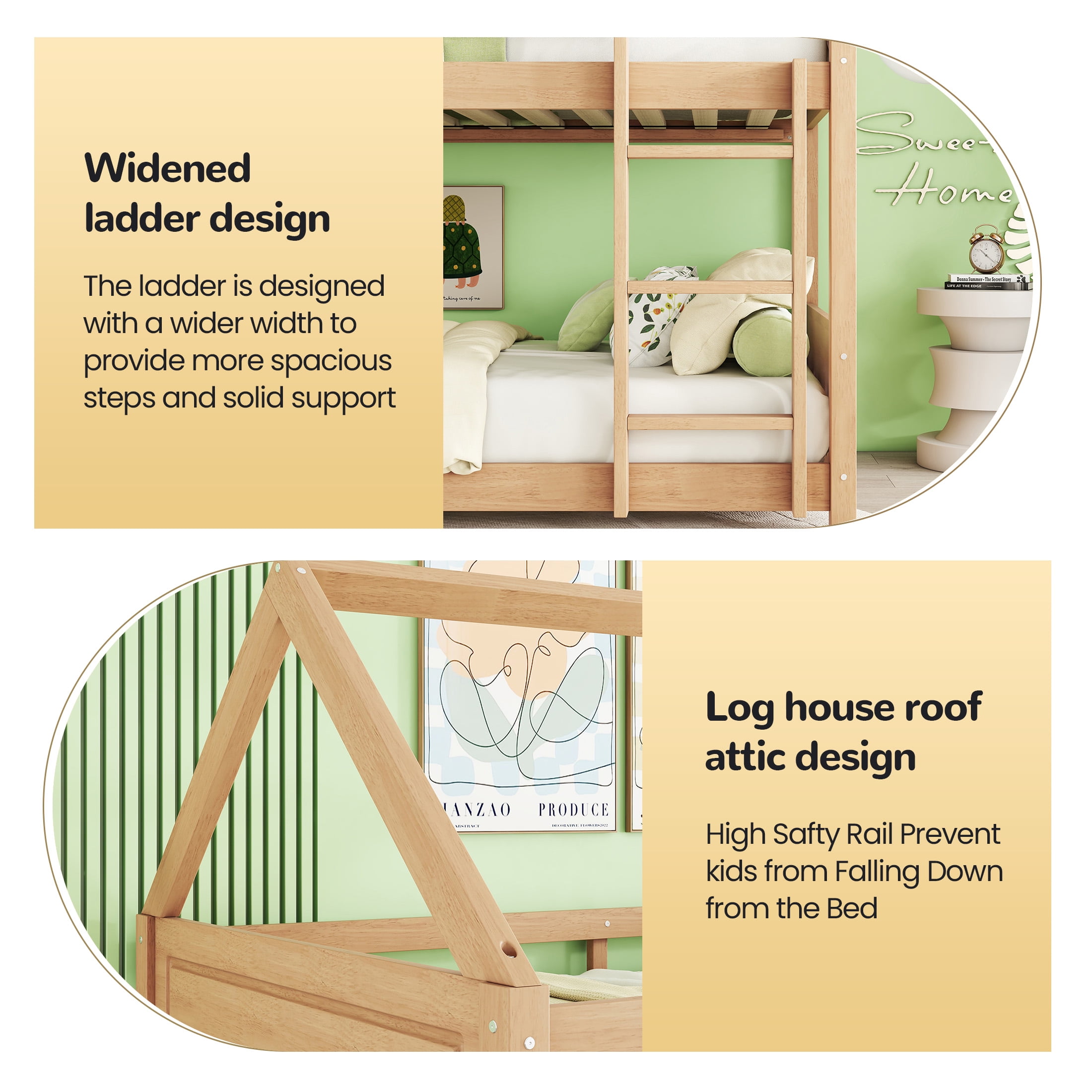Aukfa Heavy Duty Junior House Bunk Bed with Full-Length Guardrail, Twin Over Twin Bunk Bed Frame, Oak