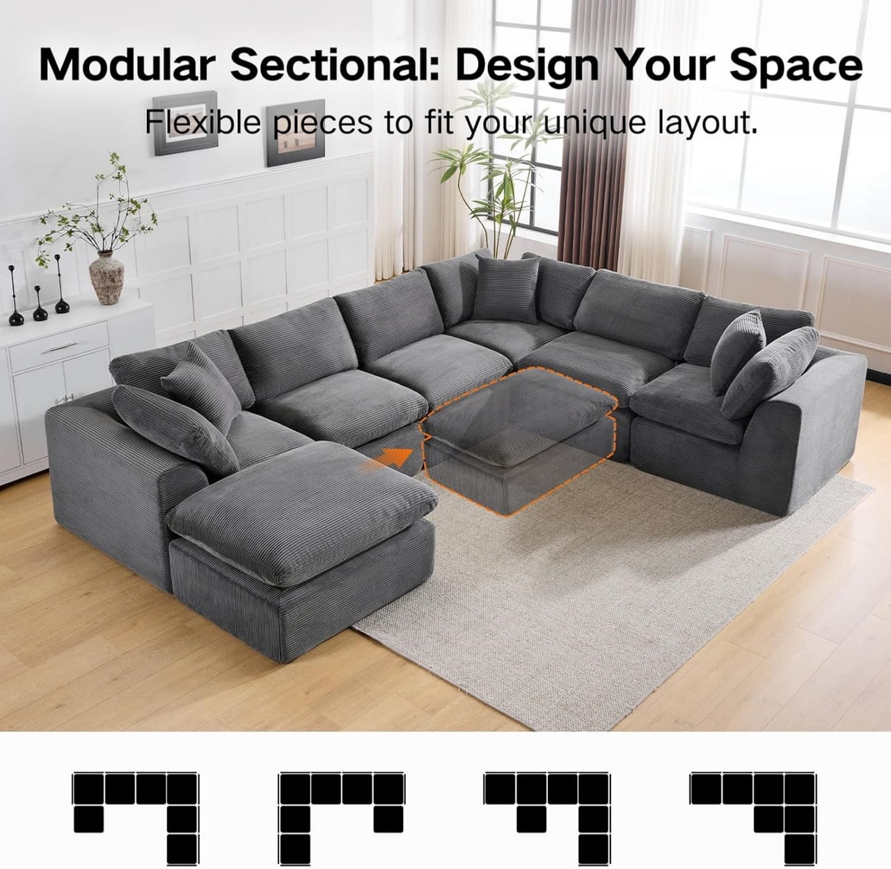 Oversized U-Shaped Sectional Sofa with Ottoman, 7-Seater Chenille Modular Sofa with Deep Seat, Cloud Sofa Boneless Couch for Living Room Apartment