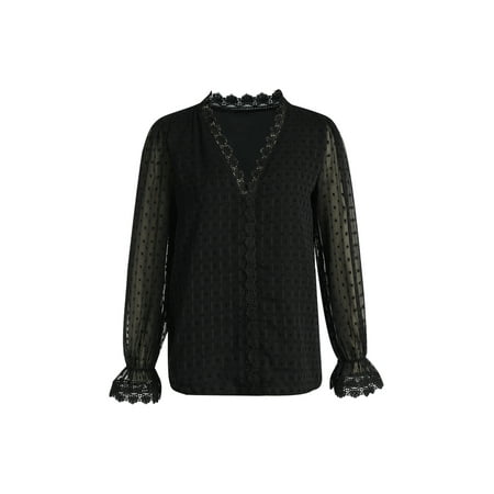 

GirarYou Solid Color T-shirt Casual Long Sleeve V-neck Pom Pom Lace Pullover
