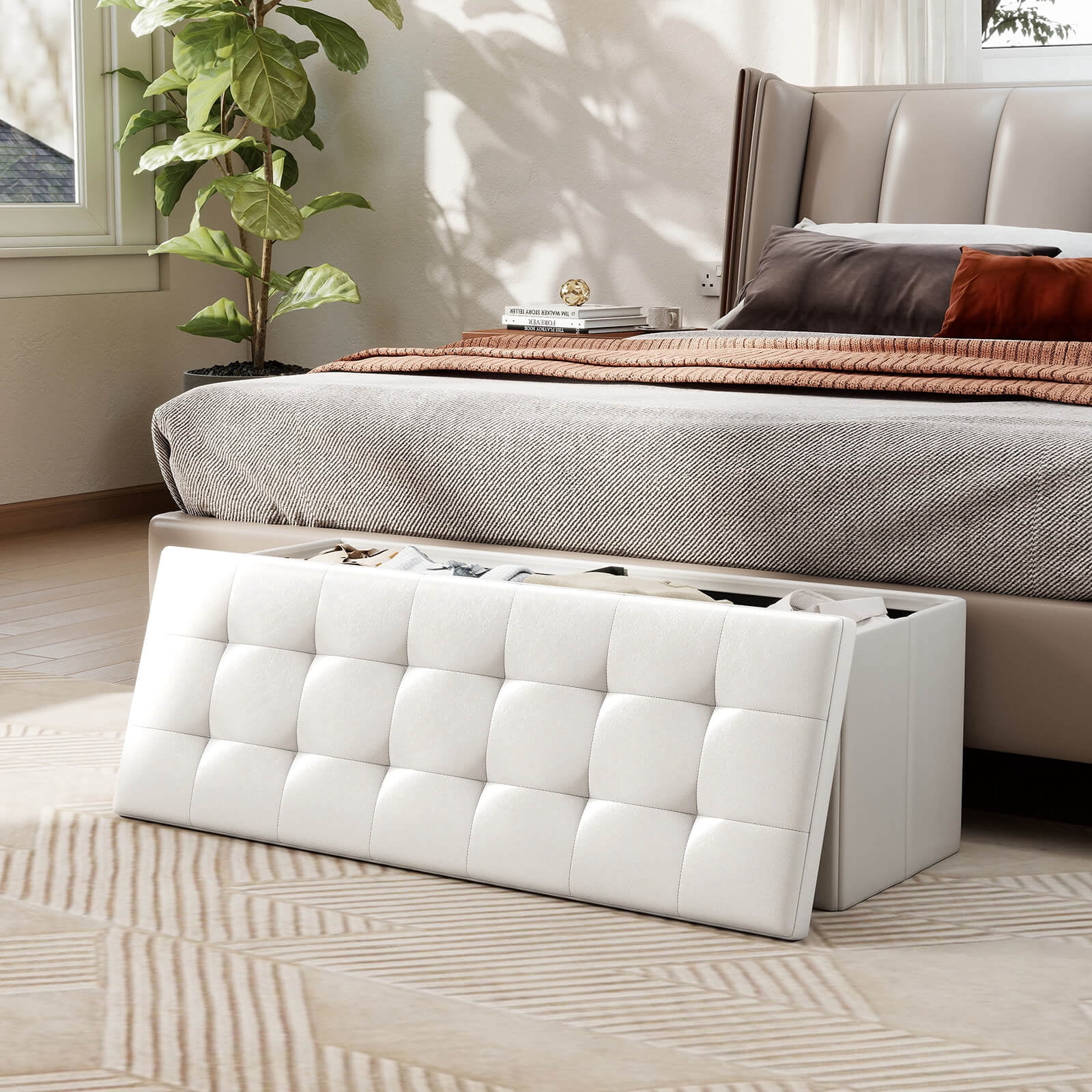 Costway 43 Inches Folding Storage Ottoman Bench Foot Rest Stool with Side Pocket White