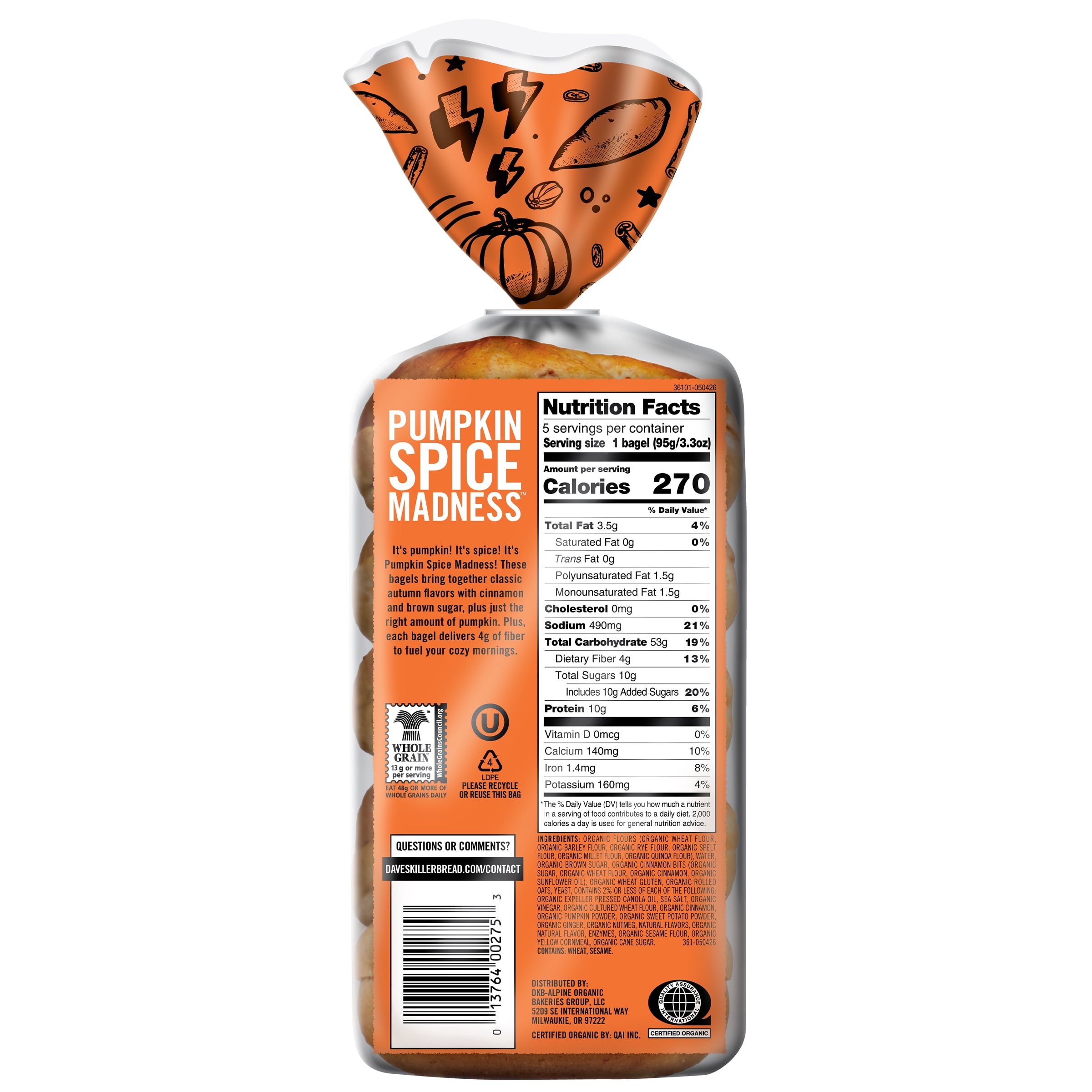 Dave's Killer Bread Pumpkin Spice Madness Bagels, Limited Edition Organic Bagels, 5 Count