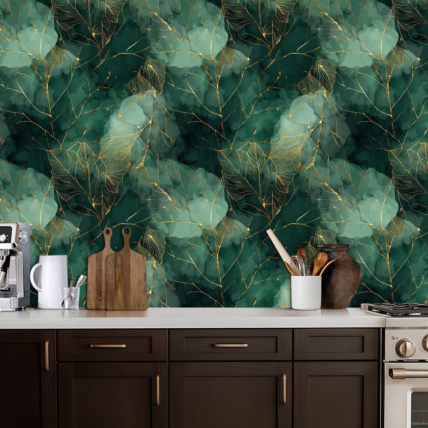 Peel and Stick Wallpaper 17.7in x 9.8ft Abstract Green Gold Botanical Leaves Watercolor Contact Paper Vinyl Self-Adhesive Removable Wall Paper for Bedroom Kitchen Cabinet Décor Renter Friendly