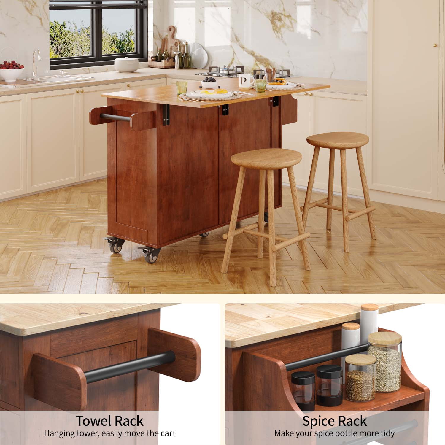 Lofka Kitchen Islands Carts with Storage, 52” kitchen Islands with 2 Storage Cabinet, Spice Rack, Towel Rack, Brown