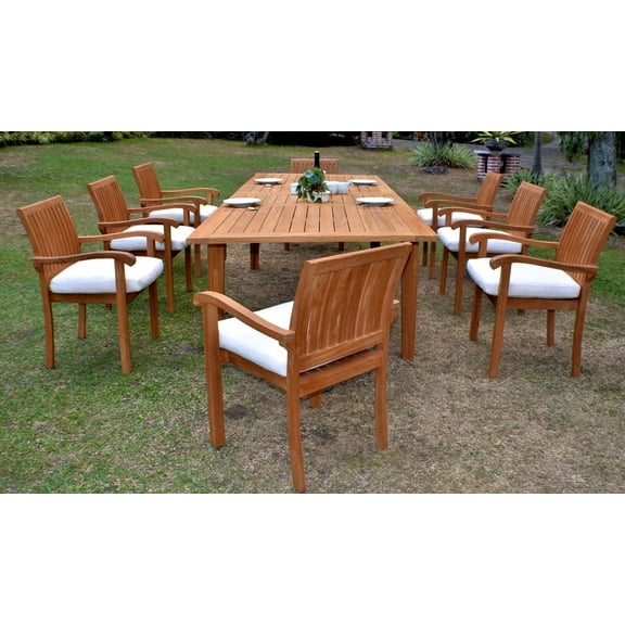 Teak Dining Set:8 Seater 9 Pc 122" Caranasas Double Extension Rectangle Table, 8 Napa Stacking Arm Chairs Outdoor Patio Grade-A Teak Wood WholesaleTeak #WMDSNPv