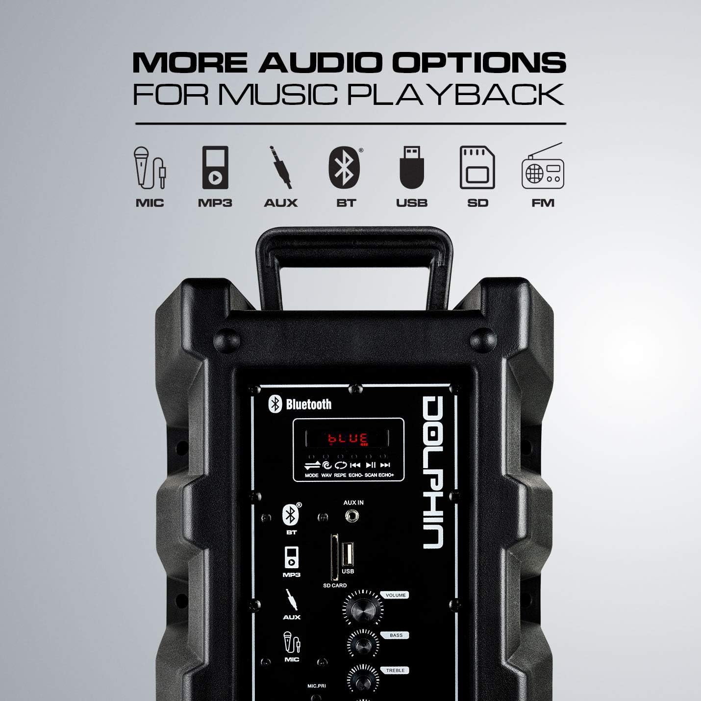 Dolphin SP-850RBT 8-in Portable Bluetooth Party Speaker with Mic, Lights, FM Radio, USB, Rechargeable Battery