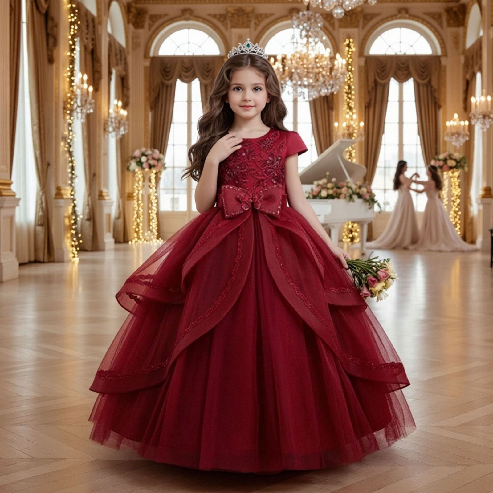Girls' Dress with Sequins and Floral Embroidery Formal Party Dress Princess Puffy Dresses for Children Gown