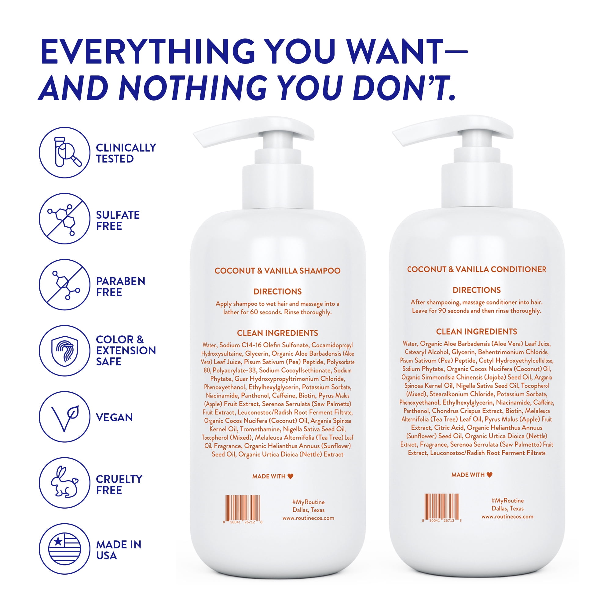 Routine Wellness Shampoo & Conditioner Set - Strengthening & Volumizing for Thinning Hair - Promotes Full, Voluminous, Healthy Hair - Coconut & Vanilla Set