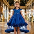 thumbnail image 2 of ZHOGXU Kids Girls Sparkly Short Sleeve O Neck Lace Trim Wedding Dress Puffy Formal Gown With Bow Special Occasions, 2 of 9