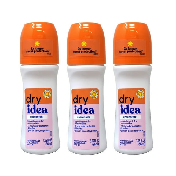 Pack of (3) Dry Idea Antiperspirant Deodorant Roll On, Unscented, 3.25 fl oz