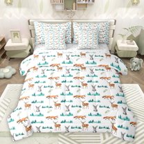 Manfei Deer Rabbit Fox 7-Piece Bedding Comforter Set,Jungle Wildlife King Bedding Sets,White Cyan Brown Bed Sheets For Kids,Breathable Home Decor Reversible