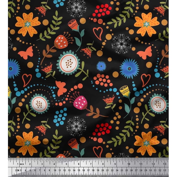 Soimoi Silk Fabric Dot,Leaves & Floral Clip Art Decor Fabric Printed Yard 42 Inch Wide