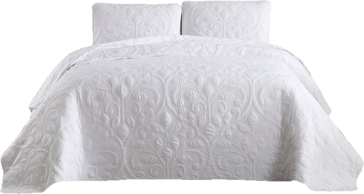 Tesla 3pc Coverlet Set White Floral Quilted Bed Cover Rayon From Bamboo Fabric 
