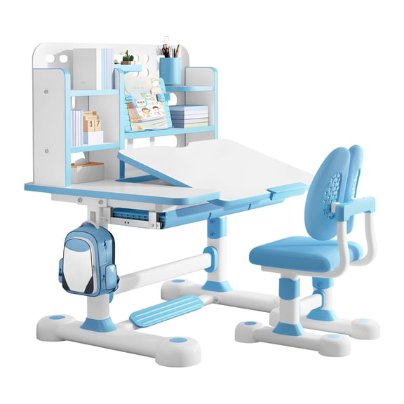Kids Study Desk & Chair Set Ergonomic Adjustable Height 0-50° Tilt Desktop Spacious Surface with Drawer & Hook Sturdy Metal Frame