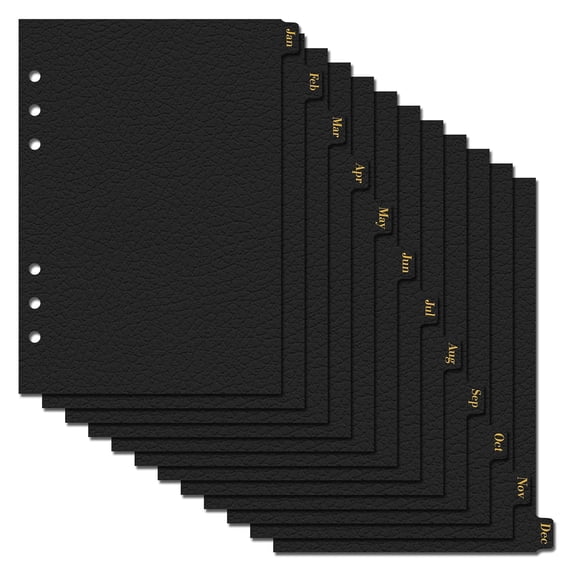 Multibey Leather Textured A5 6-Ring Binder Dividers with 12 Monthly Tabs, Black Paper Index Page Separators for Planner/Organizer (1 Set - 12 Monthly Tabs)