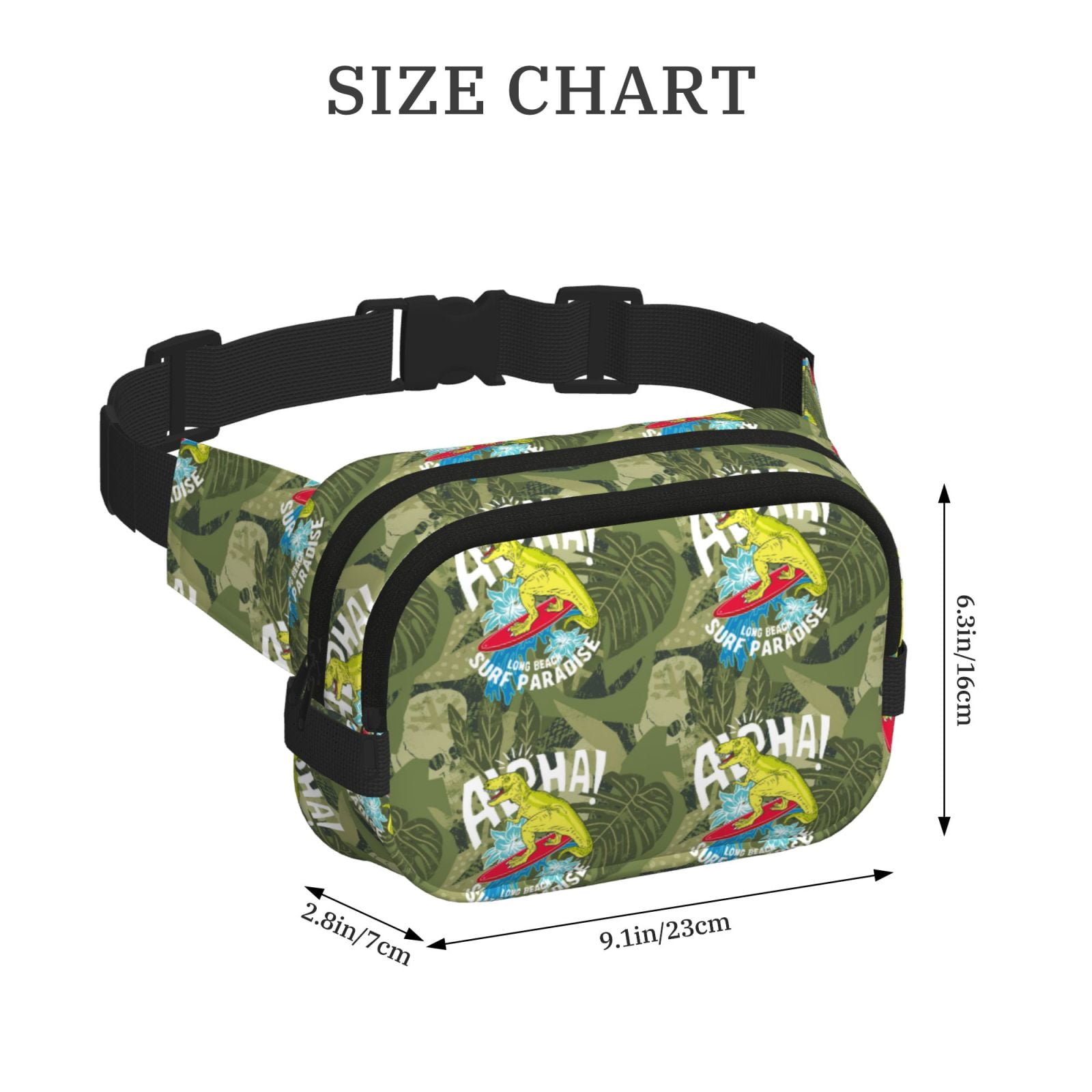Picia Surfing Dinosaur Print Square Double-Layer Waist Bag Mini Adjustable Waist Belt Bag Exercise Running Travel Hiking