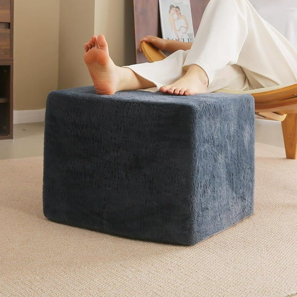 Stuffed Pouf Ottoman, Square Foot Stool Fluffy Floor Poufs Chair for Living Room Bedroom, Filled Boho Foot Rest for Couch, Blue-Grey