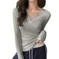 thumbnail image 2 of Women's Cotton Tops Slim Fitted Crew Neck/ V-neck Long Sleeve Base Layer T-Shirts Casual Solid Color Tees (L, Gray|V-neck), 2 of 6