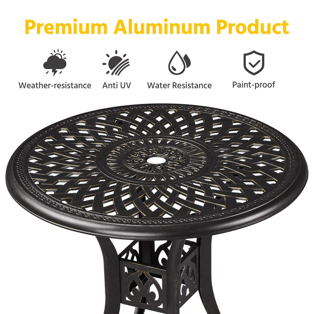 Alden Design 31in Round Cast Aluminum Patio Bistro Table with Umbrella Hole for Outdoor, Bronze