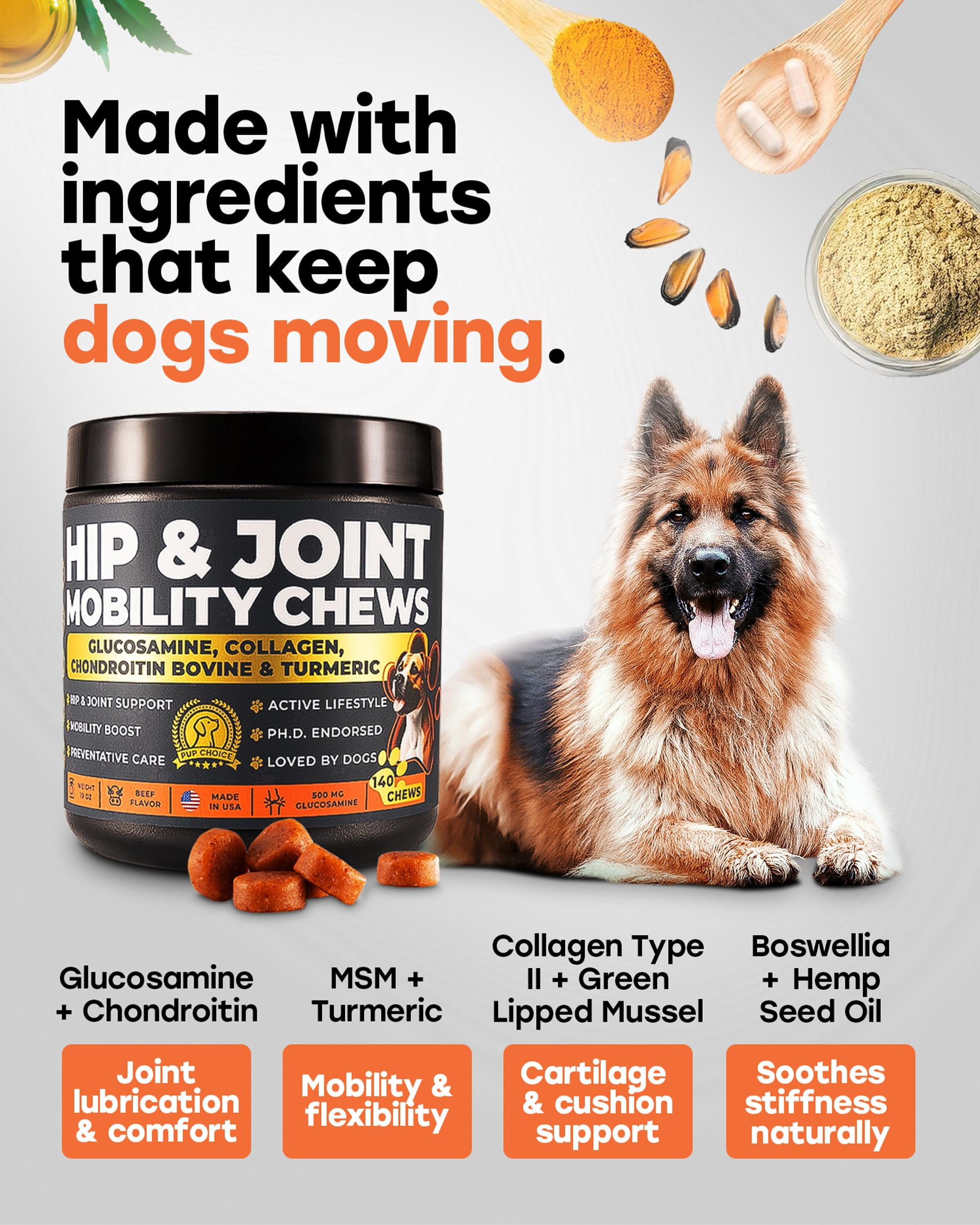 Pup Choice Hip & Joint Glucosamine Chews for Dogs with Chondroitin, Collagen & Turmeric – Mobility & Joint Support, Beef Flavor Soft Chews, 140 Count