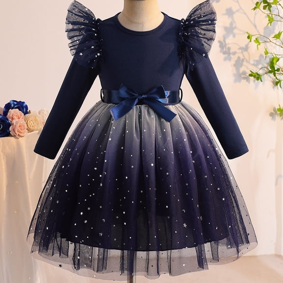 Girls Velvet and Tulle Dress, Long Sleeve Round Neck Princess Dress with Bow Waist, Kids Flower Girl Dress for Wedding, Birthday Party and Special Occasions Blue 3
