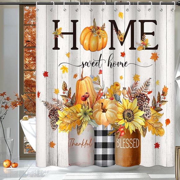Fall Thanksgiving Shower Curtain Autumn Pumpkins Eucalyptus Leaves Shower Curtains Set with 12 Hooks Waterproof Fabric Home Bathroom Decor Accessories (Beige, 72''''x72'''')