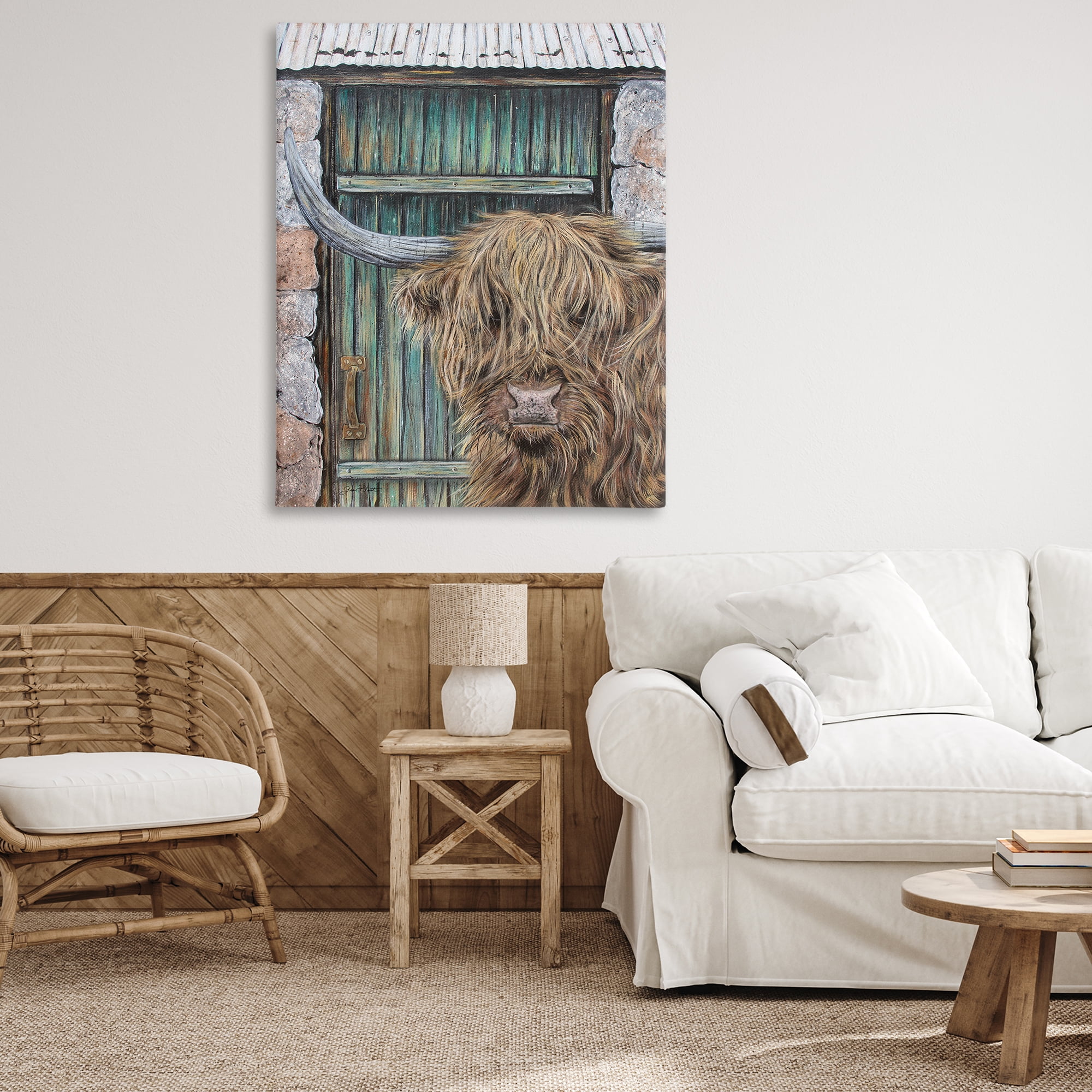 Highland Cow by Barn Door Canvas Wall Art, design by Jean Plout