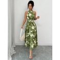 thumbnail image 5 of Olive Green Watercolor Floral Halter Neck Smocked Waist A-Line Maxi Dress For Women, 5 of 6