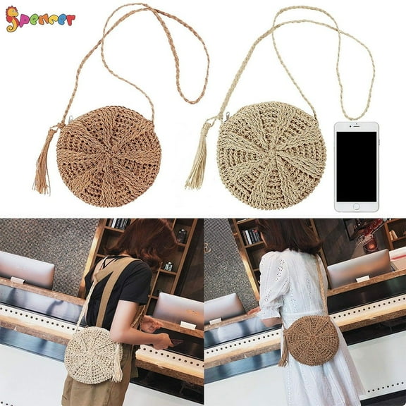 Spencer Women Crochet Round Straw Crossbody Shoulder Bag Handmade Woven Beach Messenger Handbag Purse with Tassels "Beige"