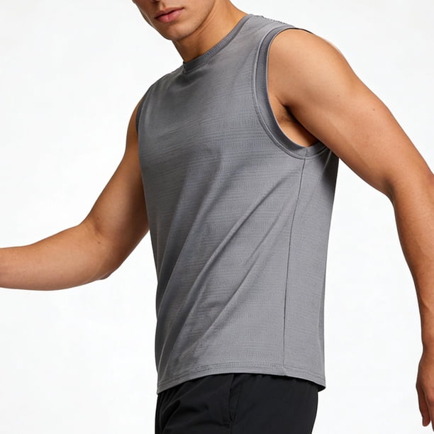Camiseta de tirantes de cuello redondo para hombre, color liso, informal, holgada, deportiva, transpirable, de seda helada, corta, de poliéster.