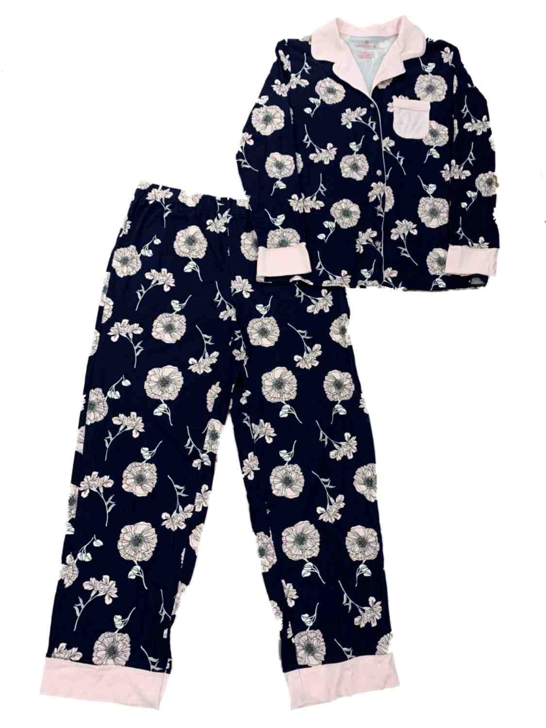 Liz Claiborne - Liz Claiborne Womens 2PC Navy & Pink Floral Button Down Front Pajama Set Sm 