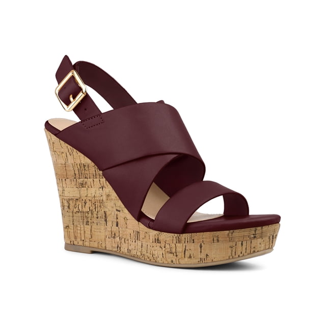 BLISSFUL STEP Women's Sandals Platform Heels Ankle Strap Wedges Sandals Burgundy 9