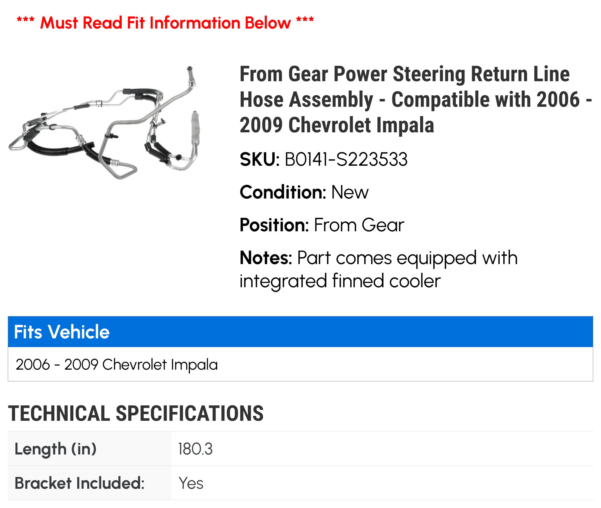 From Gear Power Steering Return Line Hose Assembly - Compatible with 2006 - 2009 Chevy Impala 2007 2008