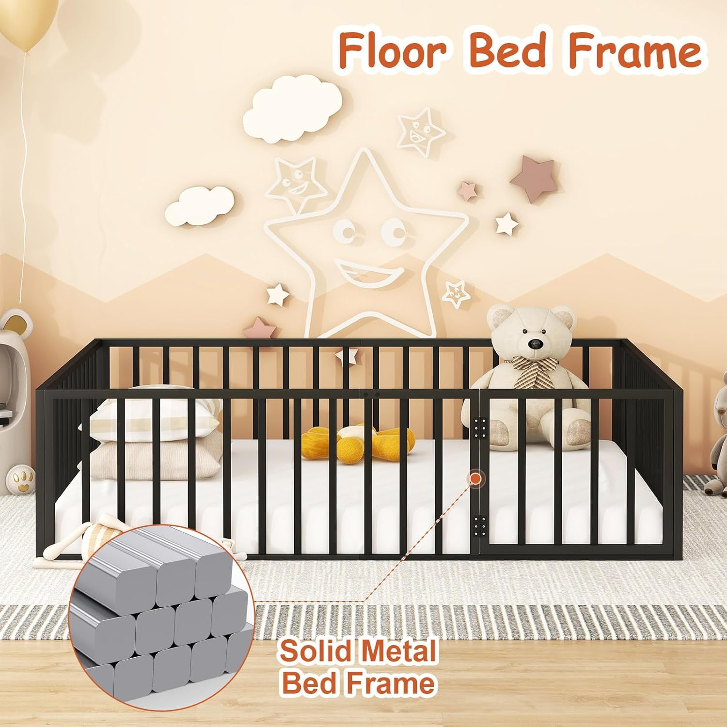 DreamBuck Queen Floor Bed Frame Metal Montessori Floor Bed with Rails and Door, Queen Size Bed Frame with Fence-Shaped Guardrails, Modern Queen Floor Beds for Boys, Girls, Easy Assembly