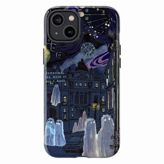 Ghost Town Night Sky Dual Layer Halloween Phone Case for iPhone 16 15 14 13 12 11 Pro Plus Mini – Spooky Aesthetic Gift for Halloween & Moon Lovers
