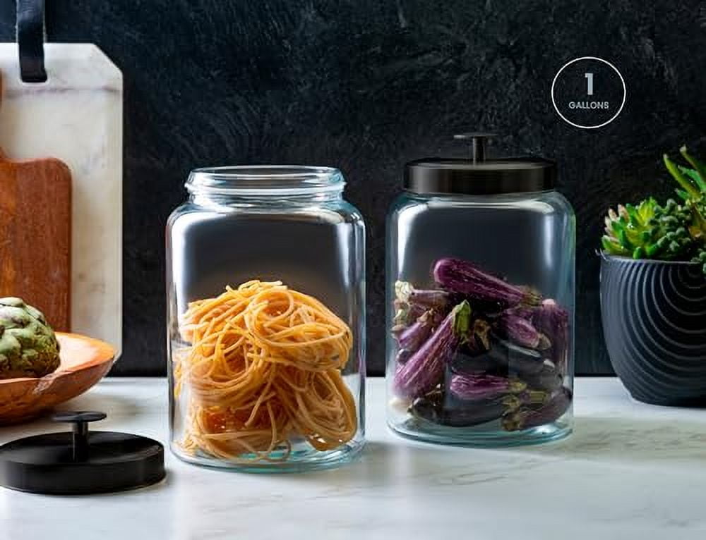 Kook Glass Kitchen Canister Set, Food Storage Containers, Bathroom Jars, Airtight Lids, 3.7 Liters, Set of 2 (Black)