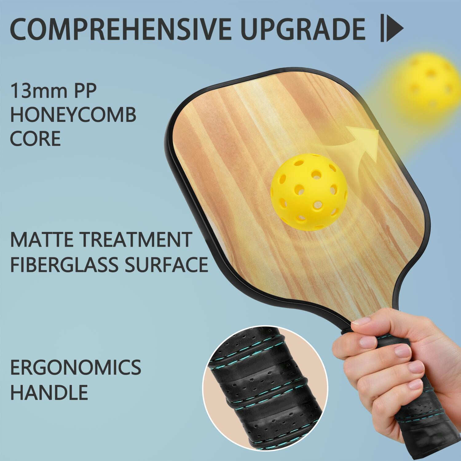 Pickleball Paddles Set Of 1, Fiberglass Surface, Wood Grain Print, 1 Paddle, 2 Balls & Bag