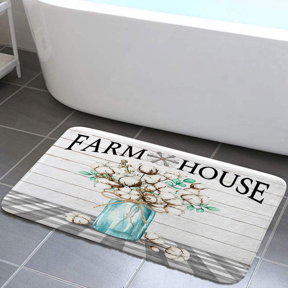 Farmhouse Bathroom Rug Bath Mat, Farm Cotton Flower in Jar on Country