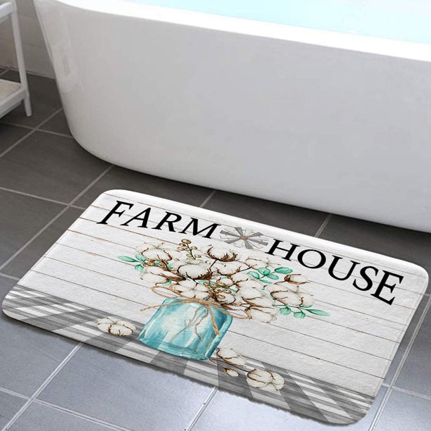Farmhouse Bathroom Rug Bath Mat, Farm Cotton Flower in Jar on Country