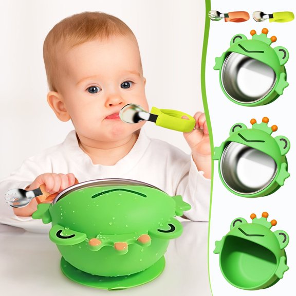 Viflosae Baby Suction Bowl 300ml Stainless Steel Toddler Feeding Removable Cute Kids Food Safe Infant Suction Bowl Spill Proof Unbreakable for Babies Boys Girls Children