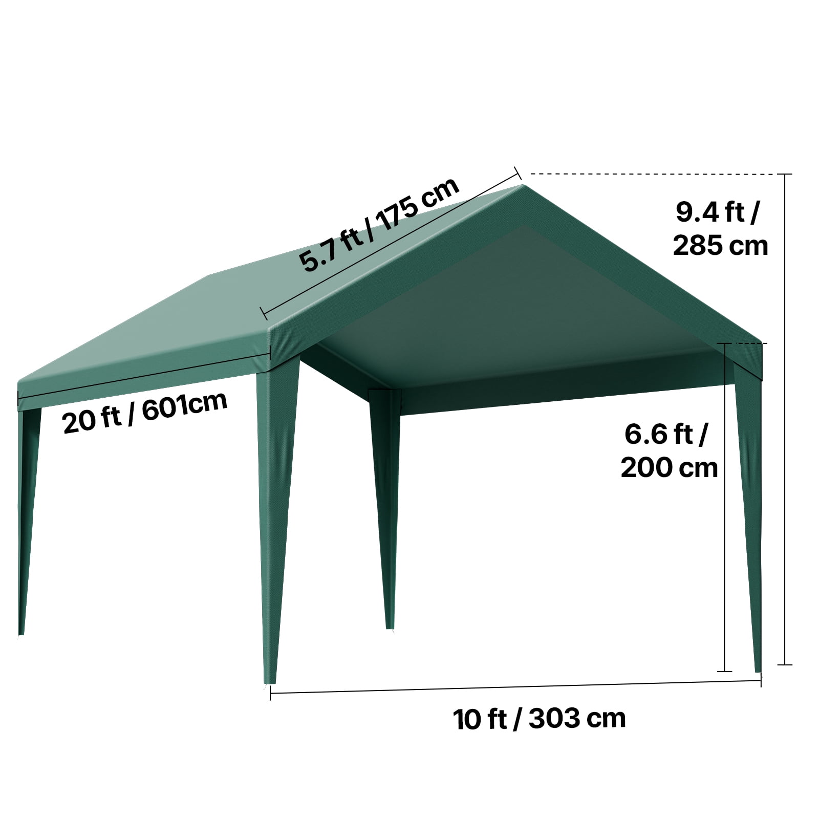 VEVOR Carport Replacement Canopy, 10 x 20 ft Potable Garage Tent Top Tarp, UV-Resistant & Waterproof Car Shelter Tarp, Heavy Duty Car Port Cover with Ball Buggees, Dark Green, Frame Not Included