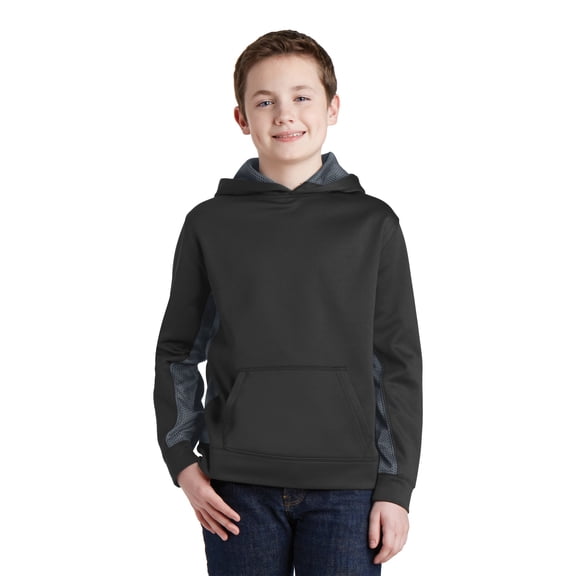 Sport-Tek YST239 Youth Sport-Wick CamoHex Fleece Colorblock Hooded Pullover, Boys Hiking Clothing