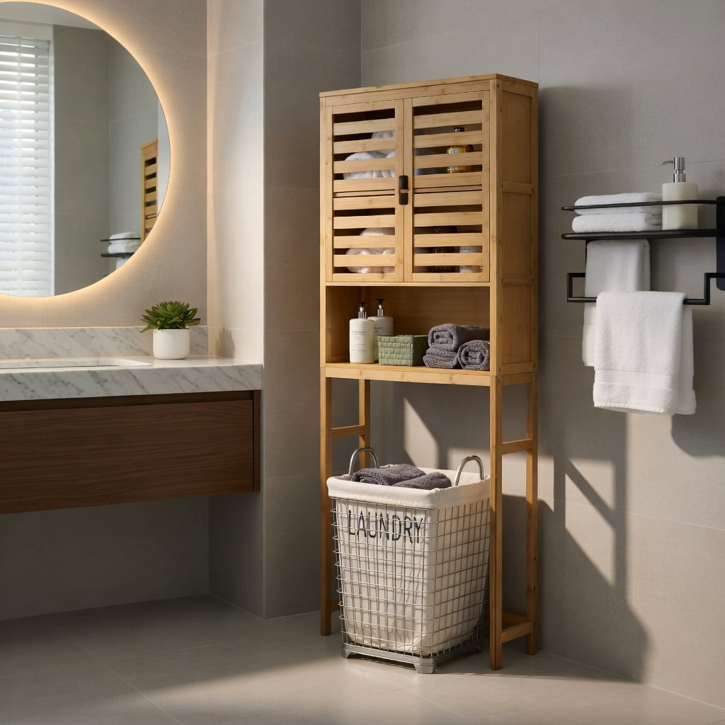 Hommoo Bamboo Over-the-Toilet Storage Cabinet with Adjustable Shelf, Ventilated Louvered Doors & Wall-Stabilizing Anti-Tip Kit Bathroom Organizer, Natural