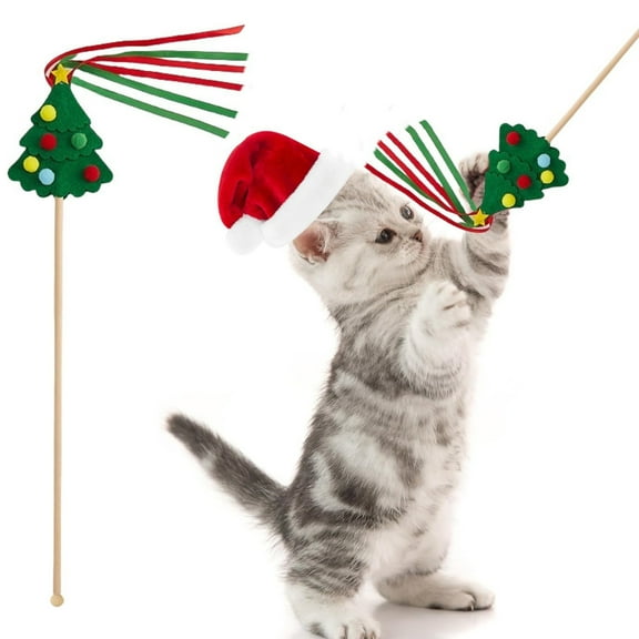 Christmas Cats Teaser Wand Toy - Festive Tree Design with Colorful Pom-Poms & Ribbons | Interactive Play for Kittens & Cats | Wooden Handle (45cm/17.72in) | Holiday Gift for Pet Lovers