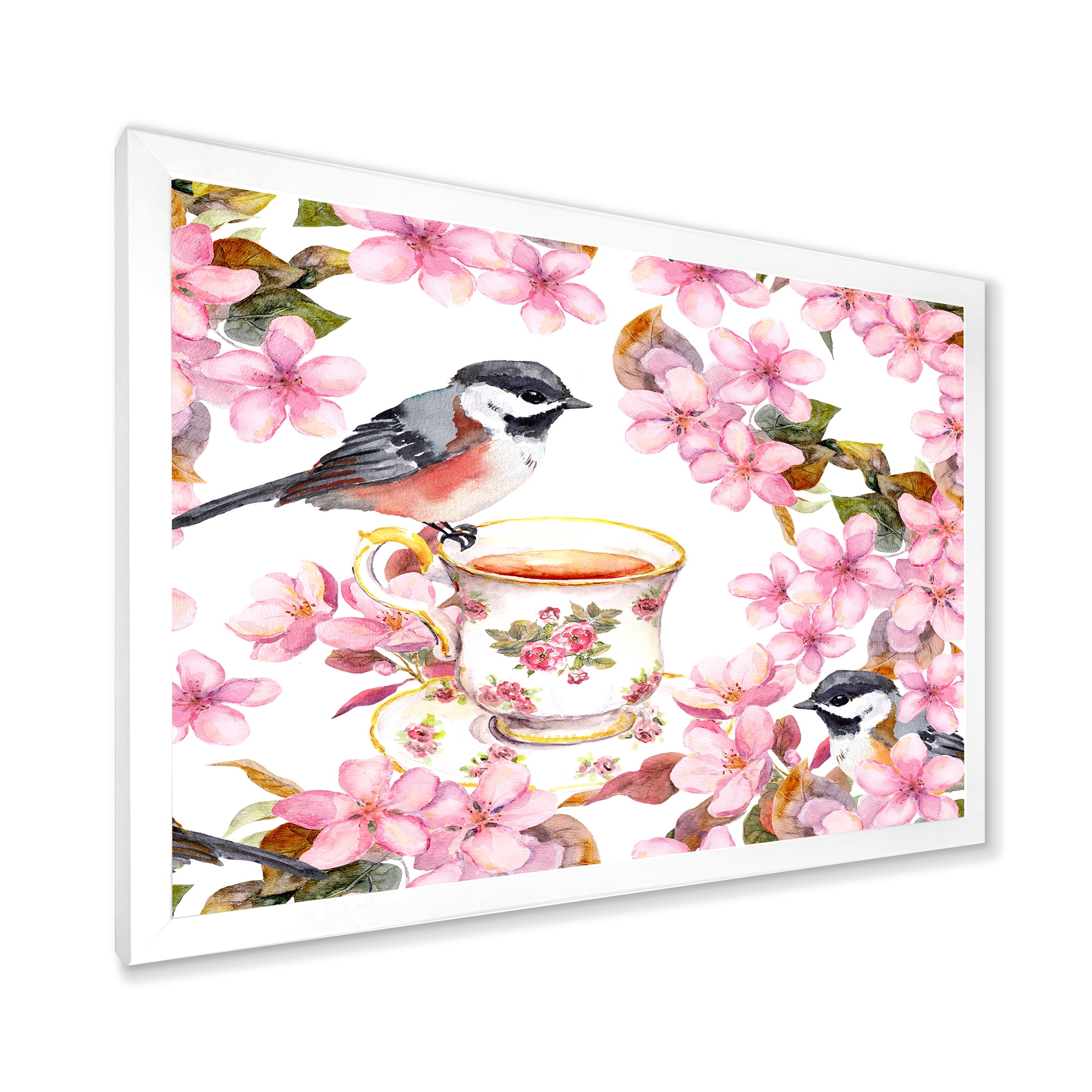 Designart 'Tea Cup Birds and Pink Flowers' Traditional Framed Art Print