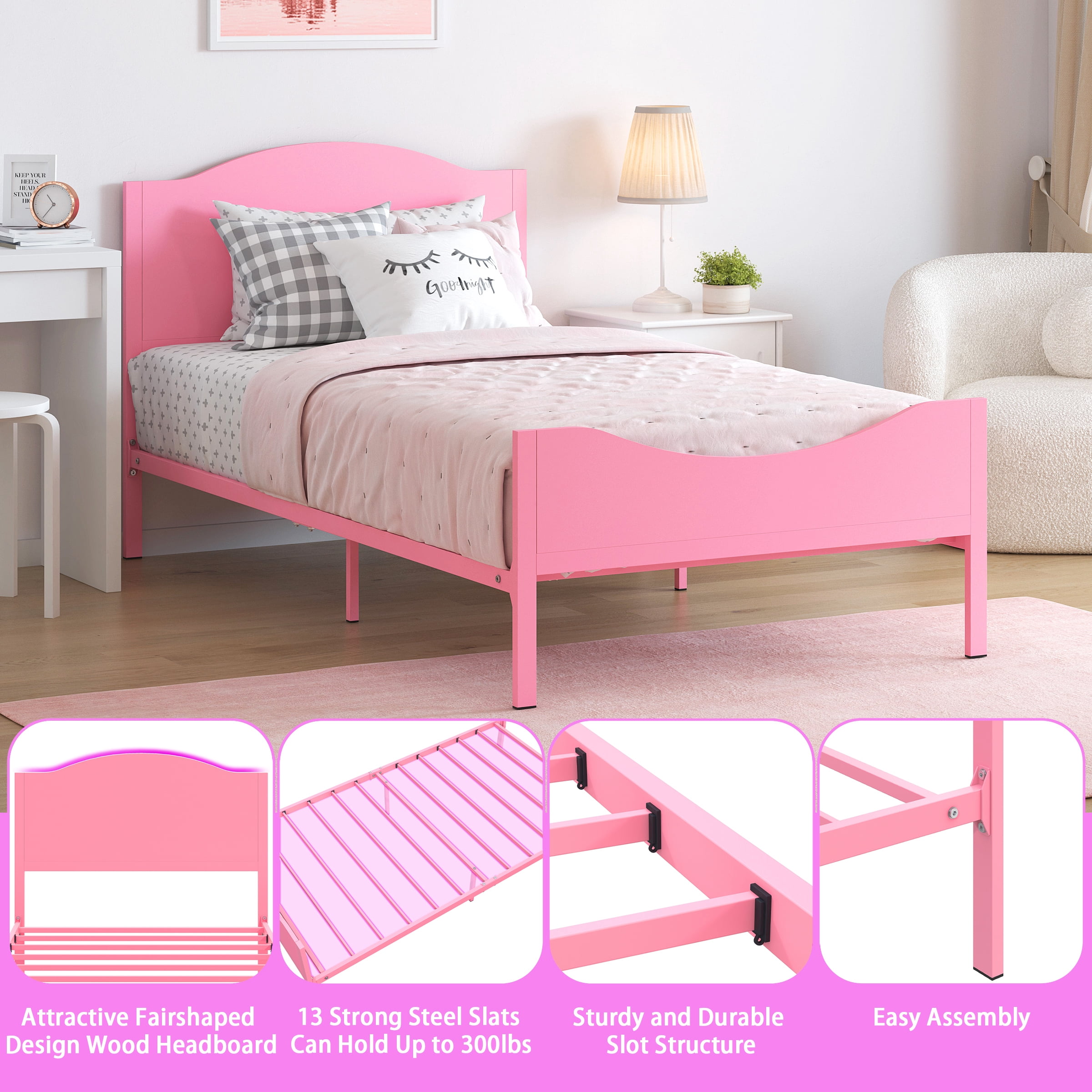 Yoneston Kids Twin Metal Platform Bed Frame with Wood Headboard for Girls, Toddler, Kids, and Teens, Pink