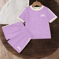 thumbnail image 6 of SGFCWSX Girls 2 Piece Outfits Summer Bow Print Short Sleeve T Shirt Side Stripe Shorts Set for Kids Purple Size 8, 6 of 6